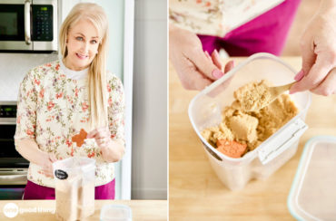 smiling blond woman placing brown sugar saver into canister of brown sugar/woman's hands spooning soft brown sugar out of canister