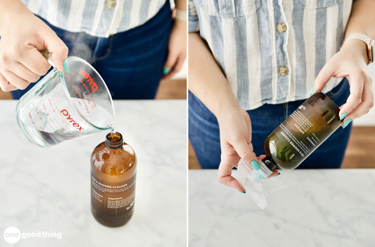 pouring vinegar from measuring cup into a brown bottle and shaking a brown spray bottle to mix ingredients