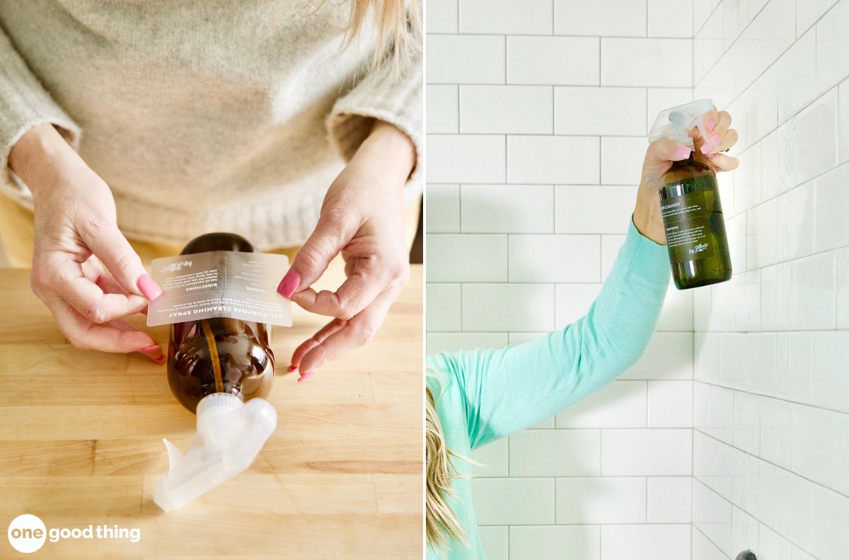 Two pictures of a woman using a bottle of homemade shower cleaner to clean a bathroom.