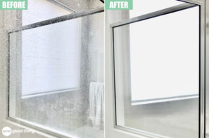 before and after photos of a glass shower door that has been cleaned with the best homemade shower cleaner