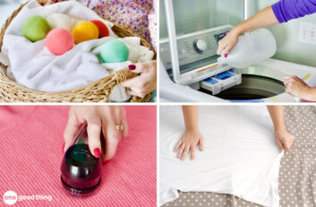 Solving Laundry Problems - collage: dryer balls in a basket of towels; adding vinegar to washing machine; de-pilling a sweater; stretching a t-shirt