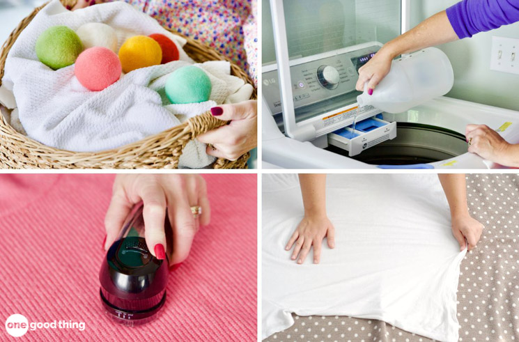 Solving Laundry Problems - collage: dryer balls in a basket of towels; adding vinegar to washing machine; de-pilling a sweater; stretching a t-shirt