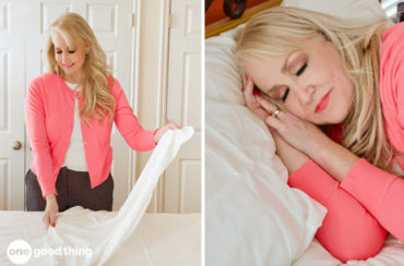 Two pictures of a woman laying on a bed with bamboo sheets.