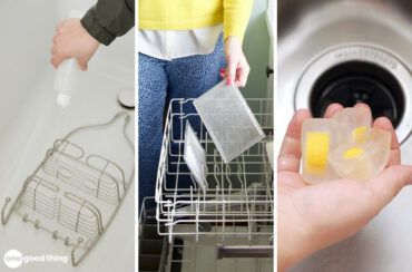 Don't forget to clean these things - collage: hand pouring solution over a shower organizer in the bottom of a bathtub; woman putting range hood filters into a dishwasher; hand putting ice cubes containing lemon chunks into a garbage disposal.