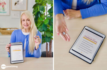 Two pictures portraying a woman holding a tablet with a ring on it, expressing gratitude.