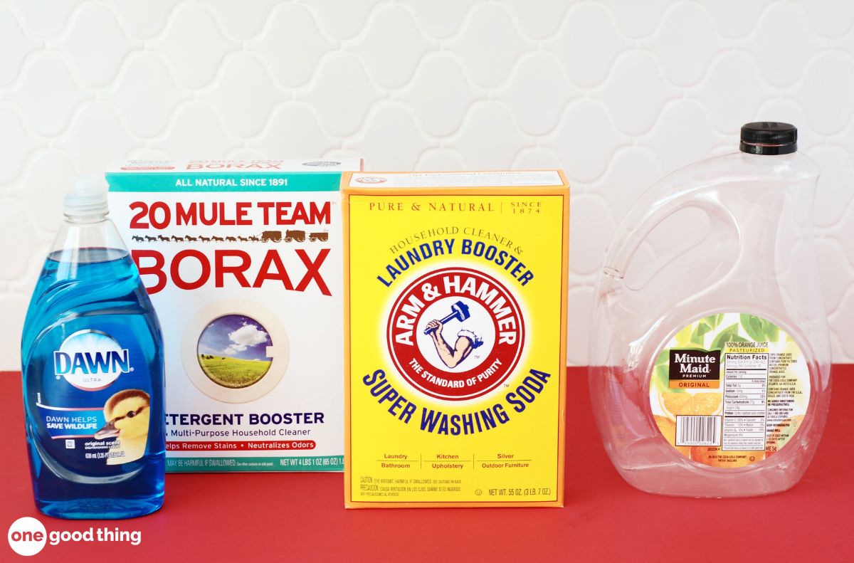 To make DIY liquid laundry detergent you'll need Dawn, borax, washing soda, and a one-gallon jug.