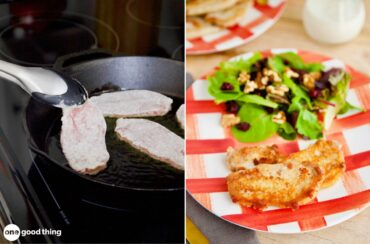 A side-by-side image of pork loin slices frying on a fry pan and a plate of cooked pork loin chops with salad.