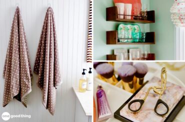 A collage of bathroom items, including too many towels and scissors.