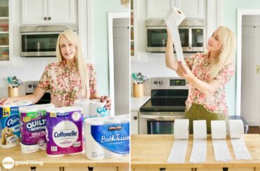 woman looking at various brands of toilet paper