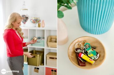 Left: Woman efficiently organizing a shelf with bins and containers, creating clear urgency zones. Right: Bowl with keys and small items strategically placed for easy access.