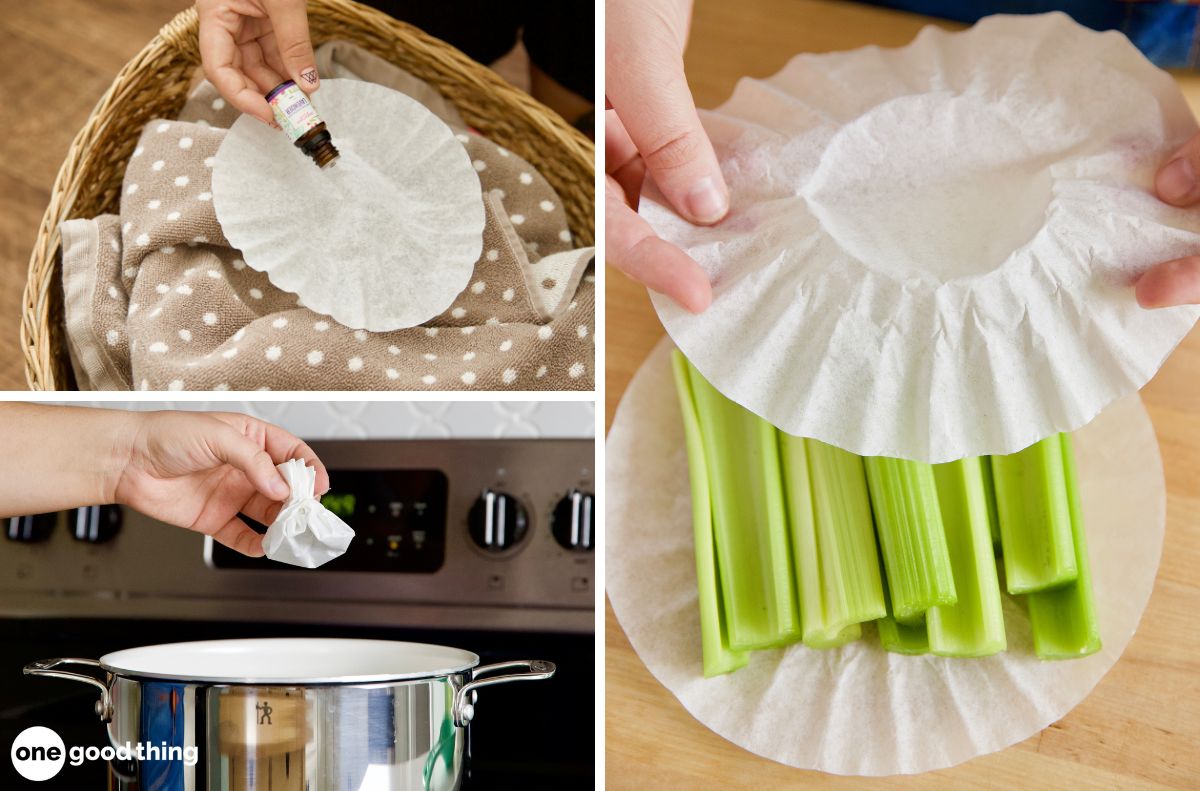 Coffee filters can be used to add scent to laundry, add flavor to soups, and to keep veggies fresh.