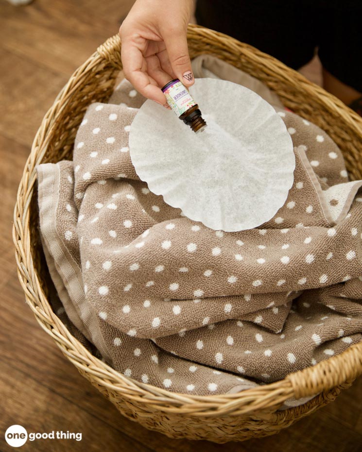 Put lavender essential oil and vinegar on a coffee filter to soften clothes in the dryer.