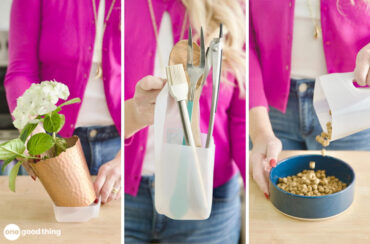 collage of three photos showing various ways to reuse plastic milk jugs