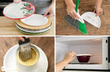 A series of pictures showing how to clean plates in the microwave.