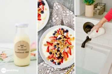 Things You Can Make With Powdered Milk - collage: sweetened condensed milk, yogurt, milk bath