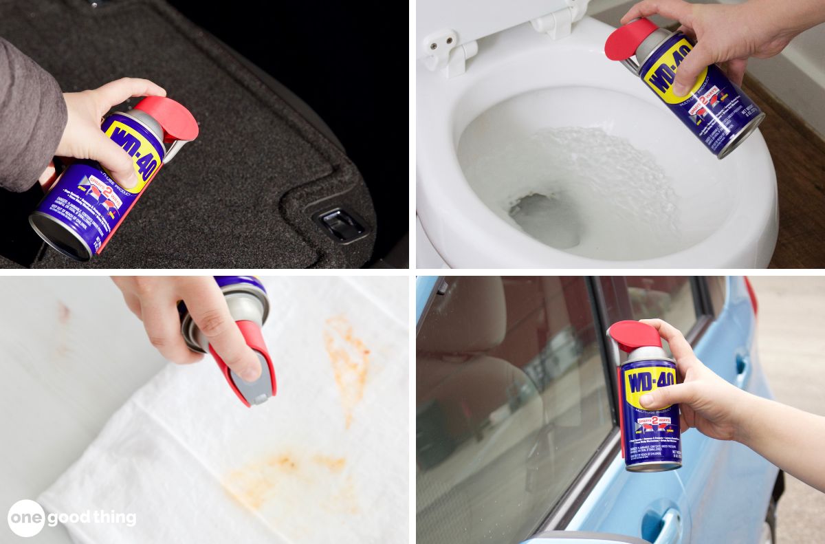 Four pictures of a person using WD-40 to clean a car.