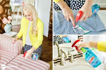 A collage of Windex uses: treat upholstery stains, fix a stuck zipper, and polish your fixtures.