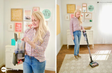 Vacuum Cleaner Hack collage: woman wrinkling up her nose at vacuum dirt cup; woman vacuuming a rug.