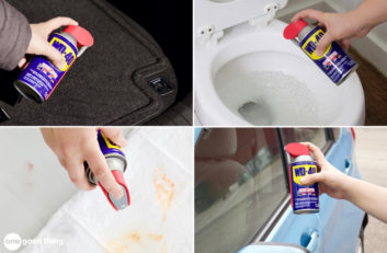 Uses for WD-40 collage: spraying on floor mats, spraying in toilet, spraying on stain, spraying on car window