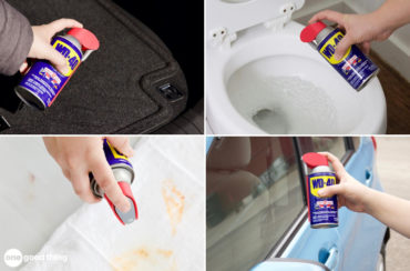 Uses for WD-40 collage: spraying on floor mats, spraying in toilet, spraying on stain, spraying on car window