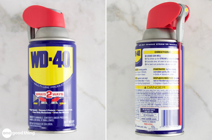 Uses for WD-40 - two views of a can of WD-40: front and back