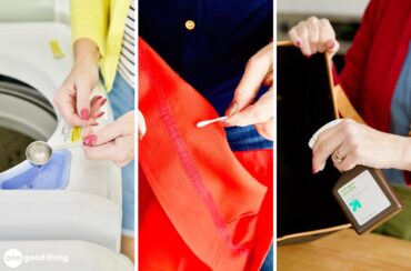 Side-by-side photos of adding one cup of hydrogen peroxide in the washing machine, scrubbing cloth with a cotton, and spraying hydrogen peroxide from spray bottle inside a box.