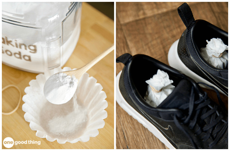 Make a sachet from a coffee filter and baking soda and put it in stinky shoes to absorb the odor.