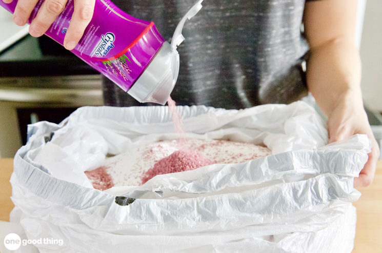 Since this recipe for Homemade Laundry Detergent makes so much, the easiest way to mix it is in a couple of large garbage bags.