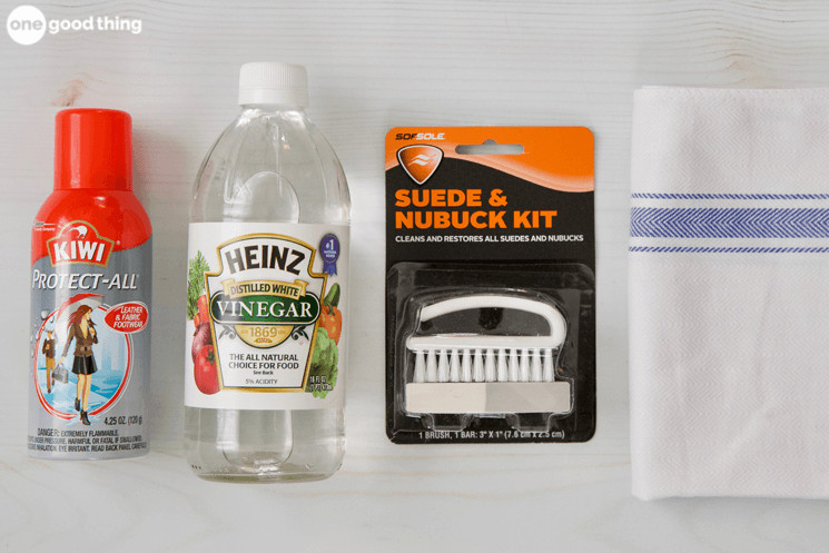 To clean suede shoes, you'll need a suede brush and suede eraser, some suede protector for when you're done, and possibly a towel and some vinegar.