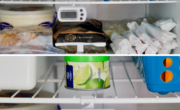 Two pictures of a refrigerator and freezer with different items in it.