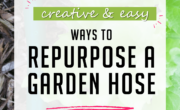 A promotional poster displaying "10 creative & easy ways to repurpose a garden hose," set against a backdrop featuring a garden hose and leafy greens.