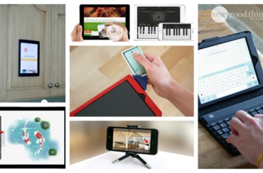 A collage of pictures showing a tablet and other electronic devices.