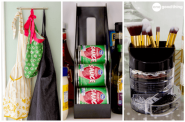 A collection of pictures featuring clever organization hacks in a fully equipped kitchen.