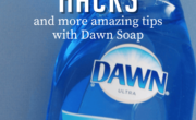 Promotional image featuring a bottle of Dawn dish soap with text overlay "28 cleaning hacks and more amazing tips with Dawn soap." The background is plain blue.