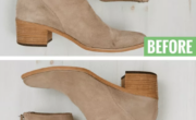 Before and after pictures of a pair of suede shoes.