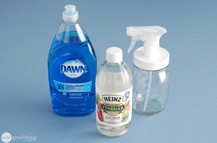 blue dawn dish soap, vinegar, and a spray bottle