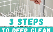 A person cleaning a dishwasher rack. Text overlay reads "3 Steps on How to Clean Your Dishwasher.