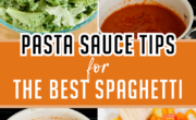 Collage of images including fresh kale, a lemon being squeezed, tomato pasta sauce, and sliced bell peppers with text "pasta sauce tips for the best spaghetti.